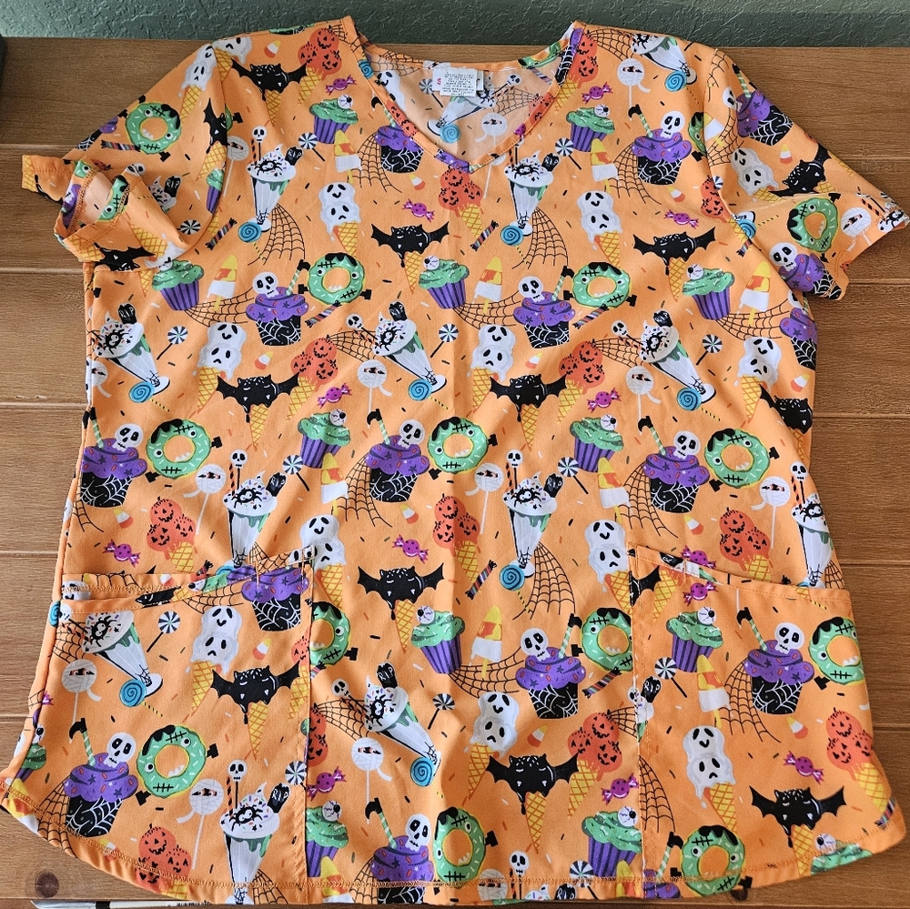 Scrubstar Orange Halloween Candy Nurse Scrub Top Size XL
